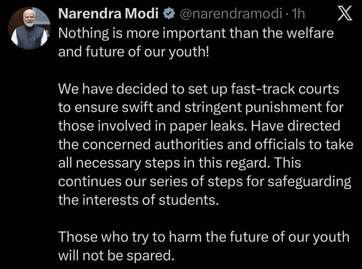 🇮🇳 莫迪就目前学生抗议事件发表评论: 没有什么比青年人的福祉与未来更加重要! 我们已决定设立快速审理法庭,确保迅速、严厉地惩处所有参与试卷泄露的人。我已指示…