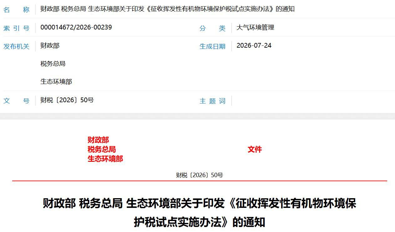 八大制造业迎来“空气税” 7月24日，财政部、税务总局、生态环境部联合发布《征收挥发性有机物环境保护税试点实施办法》，宣布自2027年1月1日起，对印刷、石油…