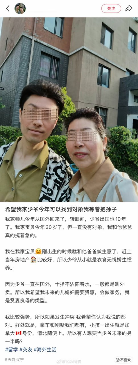 一大妈在网上给自己海归儿子找媳妇，说自己家豪车别墅都有，儿子一出生就是加拿大身份，清北随便上，还说自己儿子从小衣食无忧，现在想给自己宝贝儿子找媳妇，想抱孙子。…